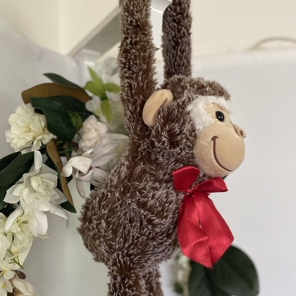 Vintage Pier One 1‎ Imports Brown Hanging Monkey Plush Poseable Animal 26" Bow - Picture 2 of 16